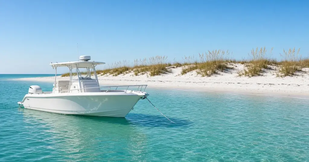 Center console anchored in clear turquoise water off a white sand beach