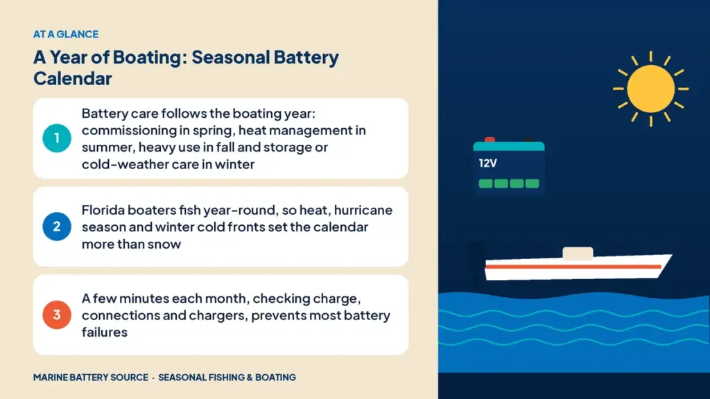 At-a-glance summary: Battery care follows the boating year: commissioning in spring, heat management in summer, heavy use in fall and storage or cold-weather care in winter; Florida boaters fish year-round, so heat, hurricane season and winter cold fronts set the calendar more than snow; A few minutes each month, checking charge, connections and chargers, prevents most battery failures