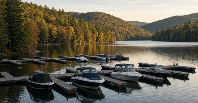 Boats at a lake marina surrounded by autumn foliage