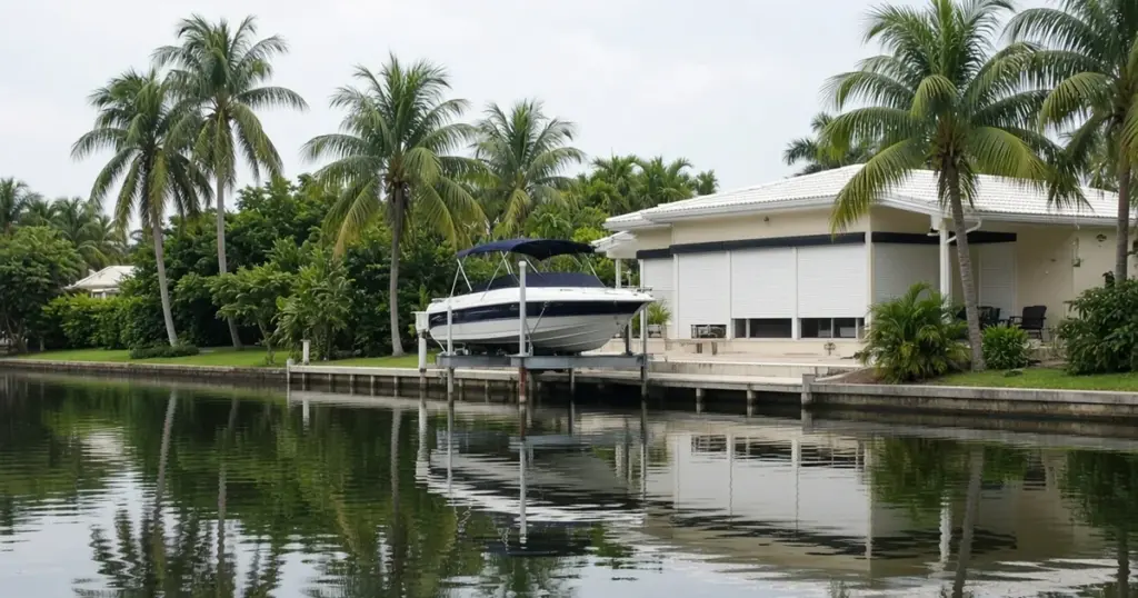 Boat on a lift beside a waterfront home with palm trees reflected in a canal