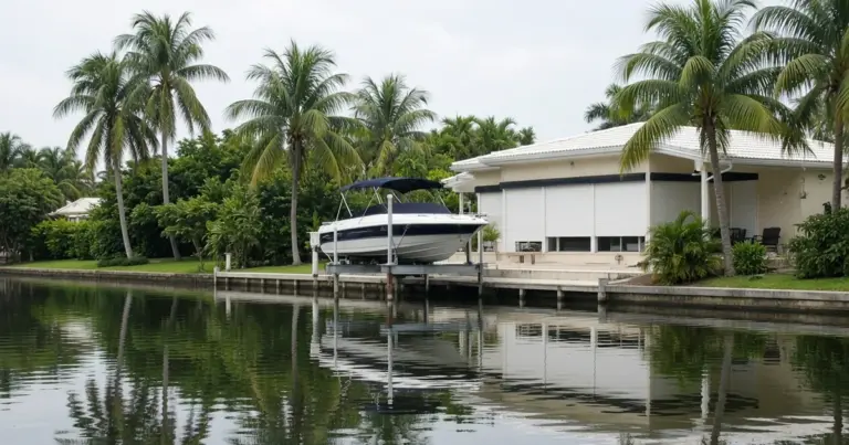Boat on a lift beside a waterfront home with palm trees reflected in a canal