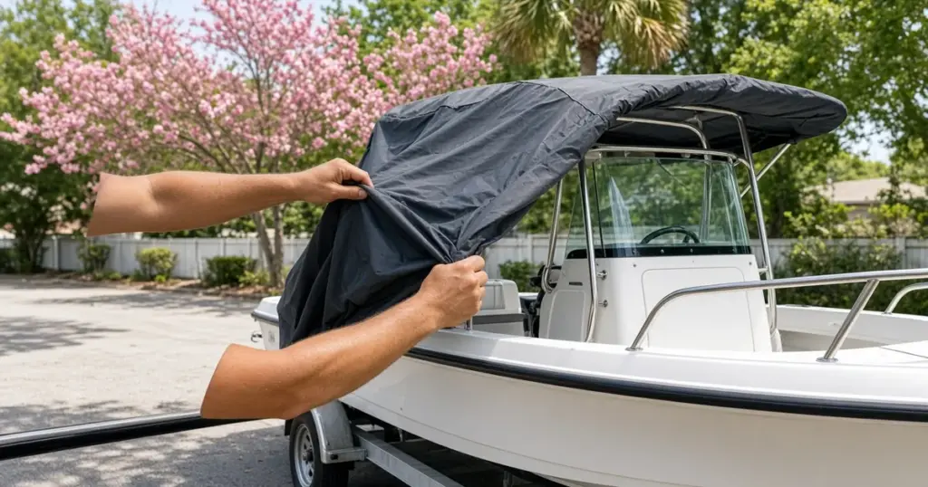 Hands pulling the cover off a center console on a trailer beside a blossoming tree in spring