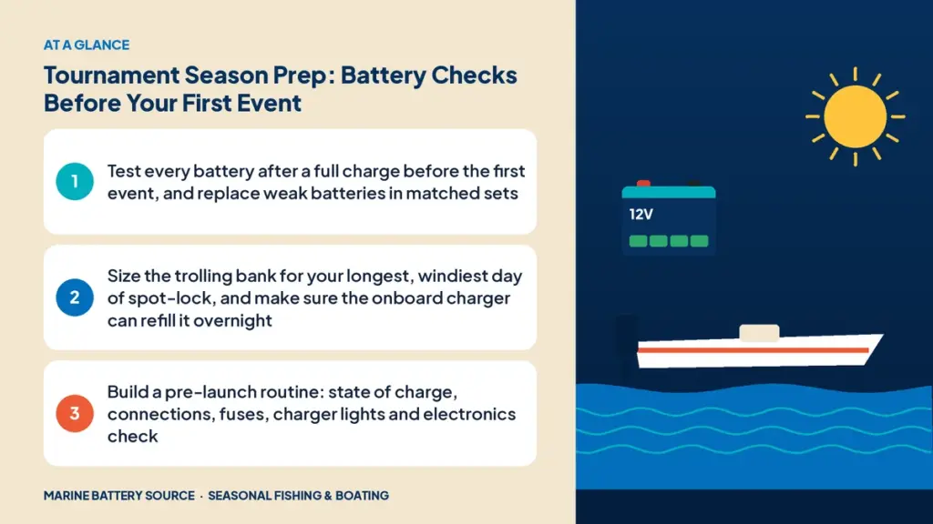 At-a-glance summary: Test every battery after a full charge before the first event, and replace weak batteries in matched sets; Size the trolling bank for your longest, windiest day of spot-lock, and make sure the onboard charger can refill it overnight; Build a pre-launch routine: state of charge, connections, fuses, charger lights and electronics check
