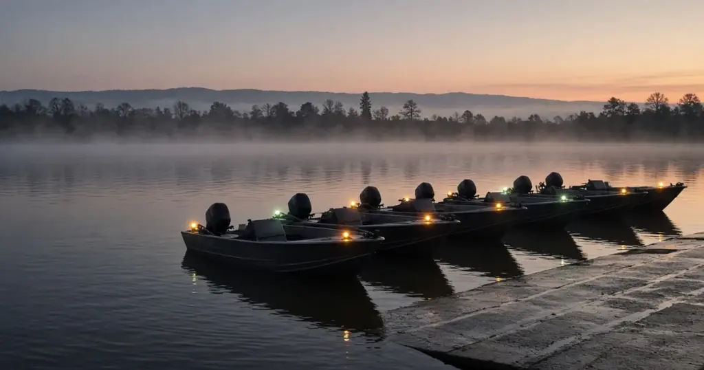 Row of bass boats lined up at a dock on a misty lake at dawn