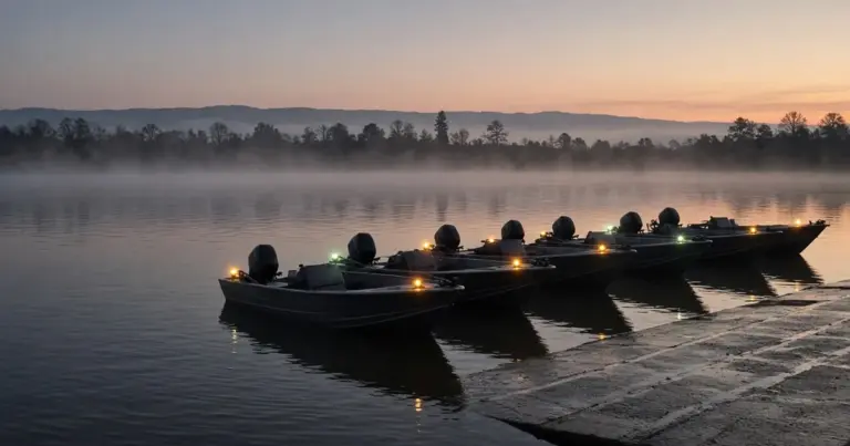 Row of bass boats lined up at a dock on a misty lake at dawn
