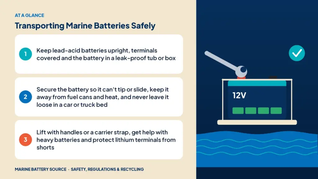 At-a-glance summary: Keep lead-acid batteries upright, terminals covered and the battery in a leak-proof tub or box; Secure the battery so it can't tip or slide, keep it away from fuel cans and heat, and never leave it loose in a car or truck bed; Lift with handles or a carrier strap, get help with heavy batteries and protect lithium terminals from shorts