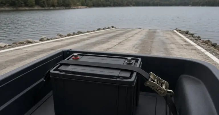 Battery strapped down in a truck bed backed onto a boat ramp