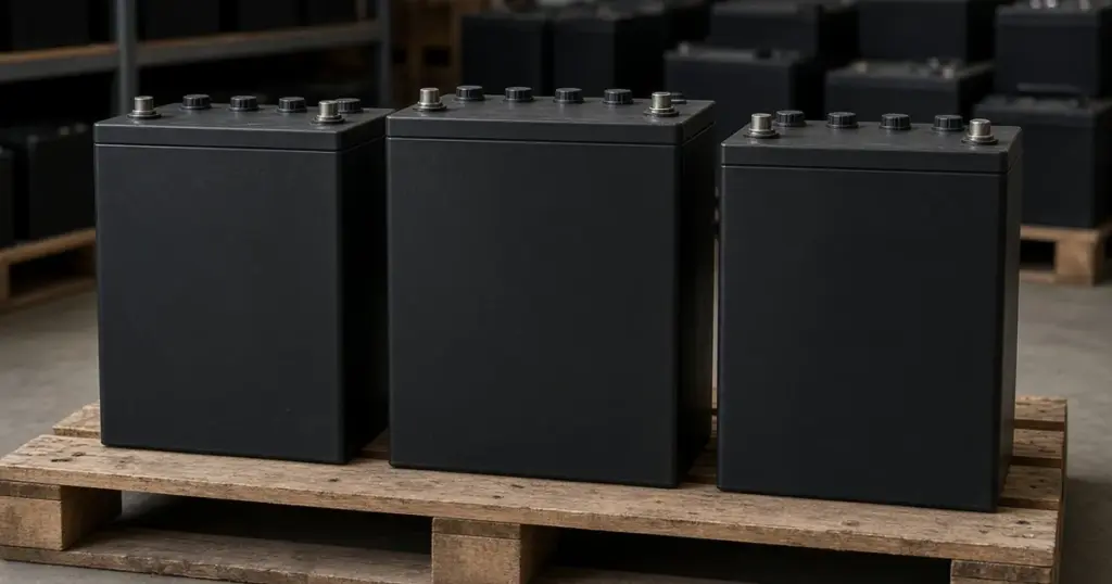 Three tall 6-volt deep-cycle batteries on a wooden pallet in a warehouse