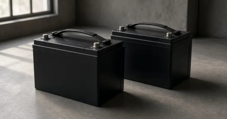 Two black marine batteries with carry handles on a workshop floor
