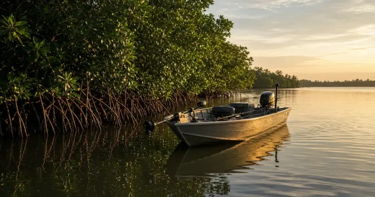 Aluminum fishing boat with a trolling motor beside mangroves on calm water at sunset