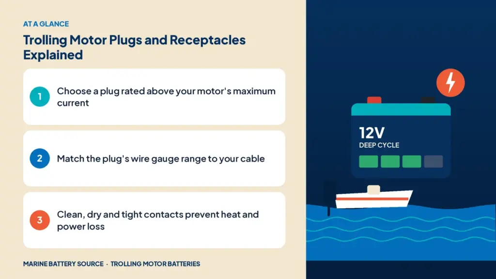 At-a-glance summary: Choose a plug rated above your motor's maximum current; Match the plug's wire gauge range to your cable; Clean, dry and tight contacts prevent heat and power loss