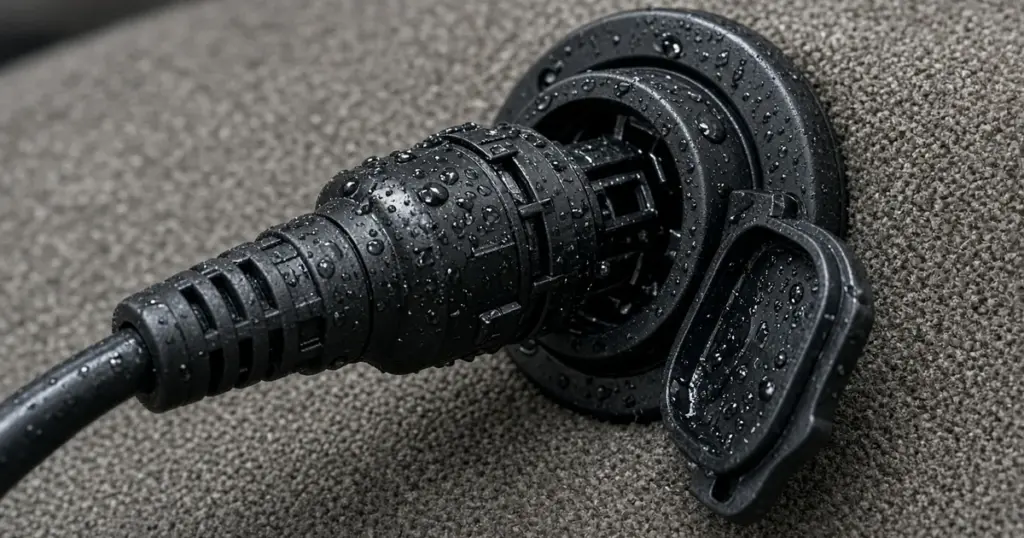 Trolling motor plug seated in a deck-mounted receptacle, beaded with water