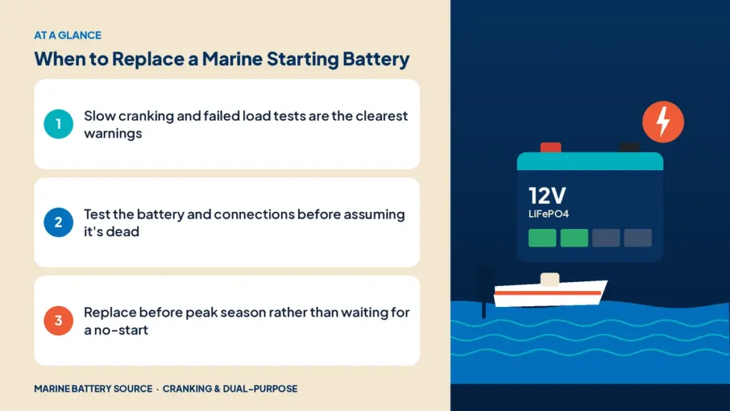 At-a-glance summary: Slow cranking and failed load tests are the clearest warnings; Test the battery and connections before assuming it's dead; Replace before peak season rather than waiting for a no-start