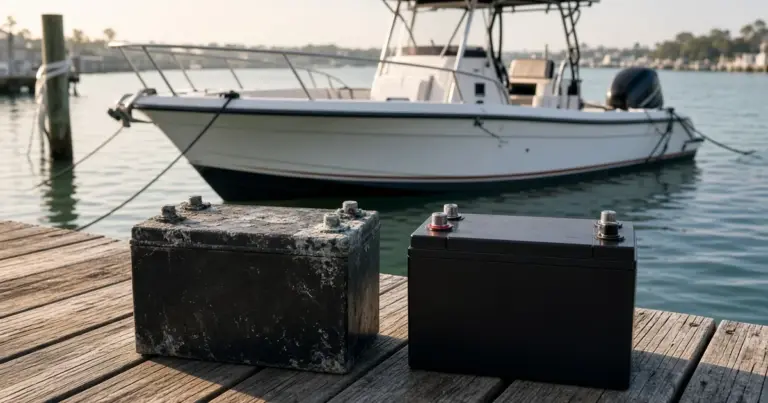 Old corroded battery beside a new battery on a dock in front of a center console boat