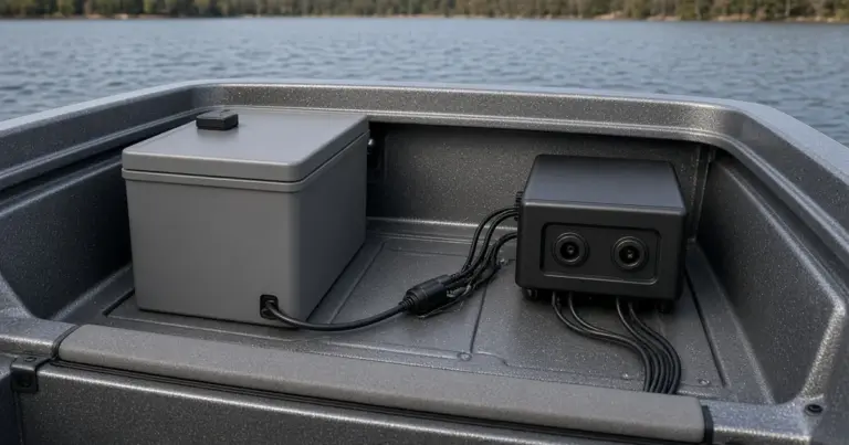 Lithium battery and charger mounted in a bass boat's rear compartment on a lake