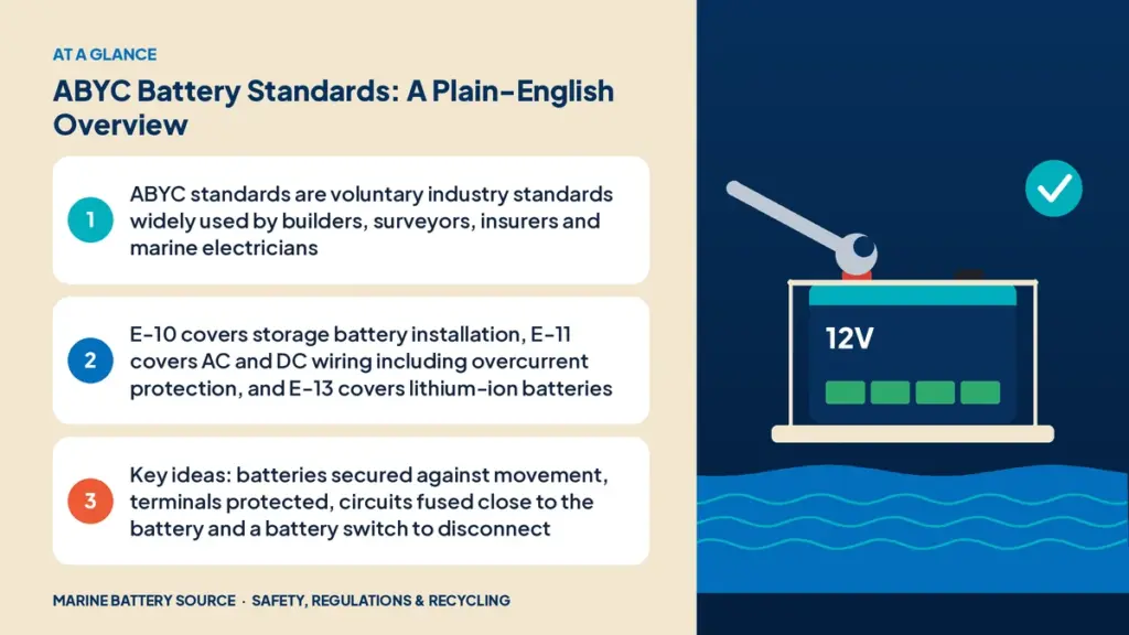 At-a-glance summary: ABYC standards are voluntary industry standards widely used by builders, surveyors, insurers and marine electricians; E-10 covers storage battery installation, E-11 covers AC and DC wiring including overcurrent protection, and E-13 covers lithium-ion batteries; Key ideas: batteries secured against movement, terminals protected, circuits fused close to the battery and a battery switch to disconnect