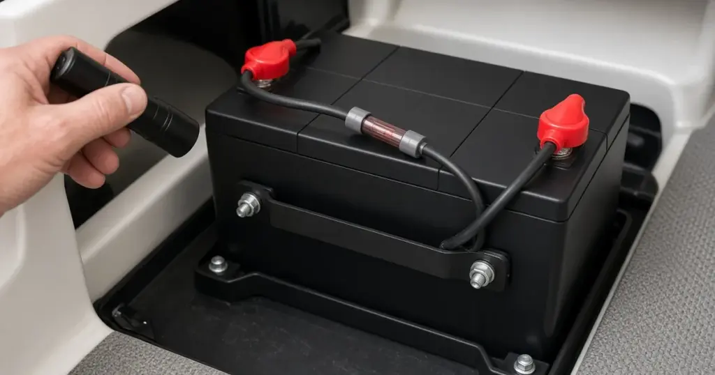 Hand fitting a red terminal cover on a strapped-down battery with an inline fuse in a boat