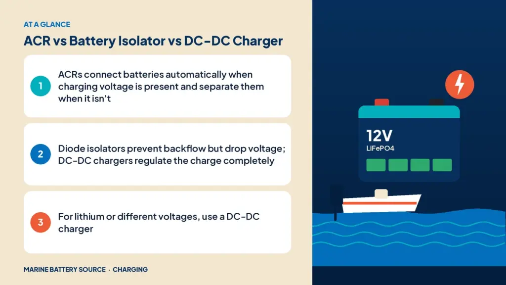 At-a-glance summary: ACRs connect batteries automatically when charging voltage is present and separate them when it isn't; Diode isolators prevent backflow but drop voltage; DC-DC chargers regulate the charge completely; For lithium or different voltages, use a DC-DC charger