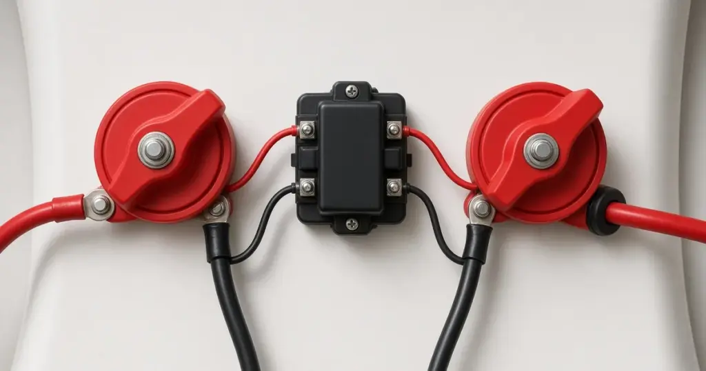 Two red battery switches wired to a black automatic charging relay on a white boat bulkhead