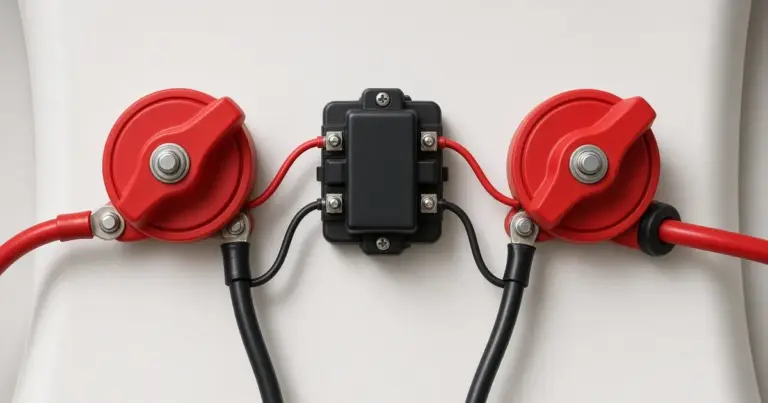 Two red battery switches wired to a black automatic charging relay on a white boat bulkhead