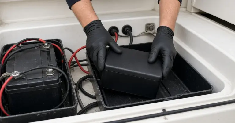 Gloved hands setting a second battery into a tray beside an existing battery in a boat compartment