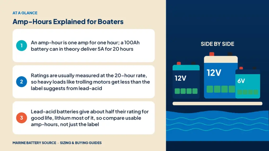 At-a-glance summary: An amp-hour is one amp for one hour; a 100Ah battery can in theory deliver 5A for 20 hours; Ratings are usually measured at the 20-hour rate, so heavy loads like trolling motors get less than the label suggests from lead-acid; Lead-acid batteries give about half their rating for good life, lithium most of it, so compare usable amp-hours, not just the label