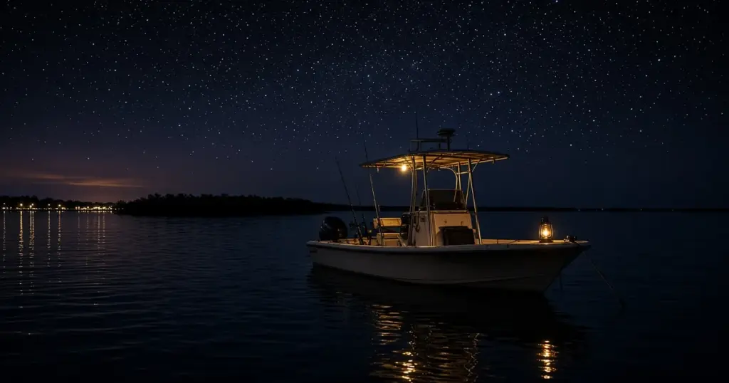 Center console at anchor under a starry night sky with its lights on