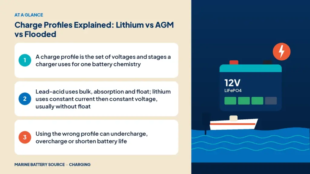 At-a-glance summary: A charge profile is the set of voltages and stages a charger uses for one battery chemistry; Lead-acid uses bulk, absorption and float; lithium uses constant current then constant voltage, usually without float; Using the wrong profile can undercharge, overcharge or shorten battery life