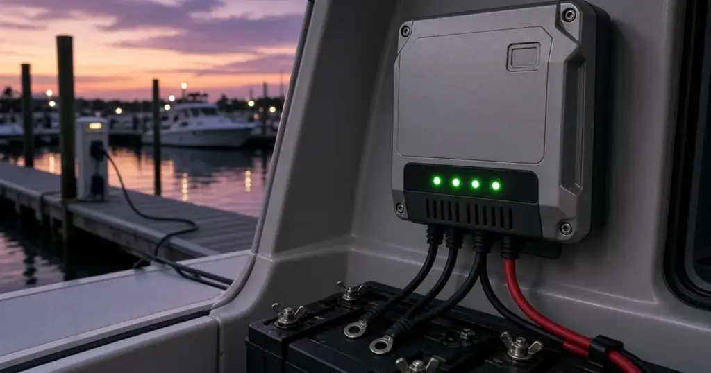 Onboard battery charger with four green indicator lights mounted in a boat compartment above batteries at dusk