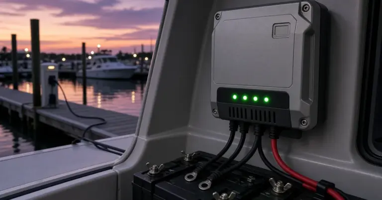 Onboard battery charger with four green indicator lights mounted in a boat compartment above batteries at dusk