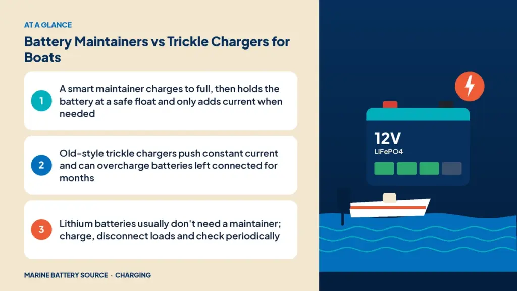 At-a-glance summary: A smart maintainer charges to full, then holds the battery at a safe float and only adds current when needed; Old-style trickle chargers push constant current and can overcharge batteries left connected for months; Lithium batteries usually don't need a maintainer; charge, disconnect loads and check periodically