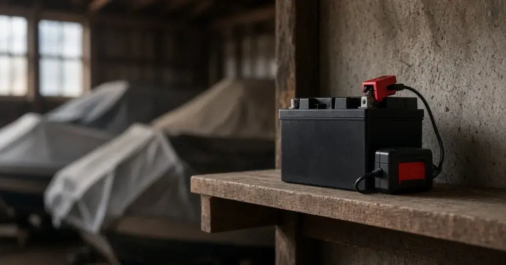 Battery on a storage shelf connected to a small maintainer, covered boats in the barn behind