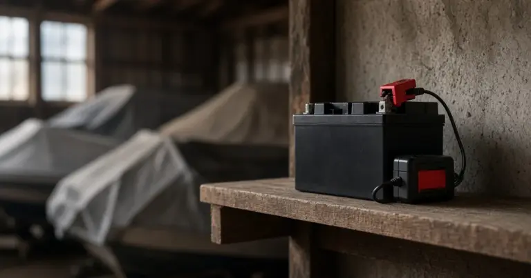 Battery on a storage shelf connected to a small maintainer, covered boats in the barn behind