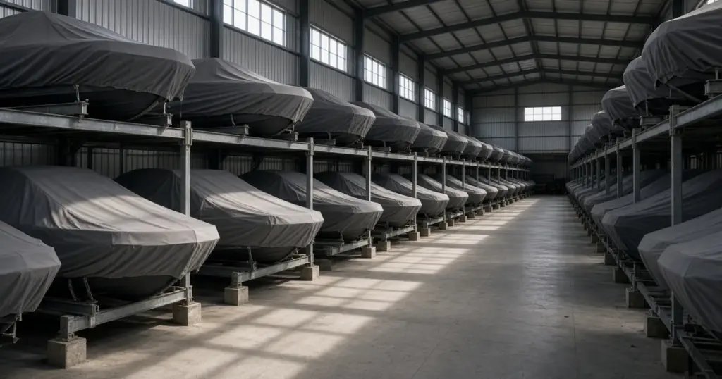 Rows of covered boats on racks in a dry-stack storage building