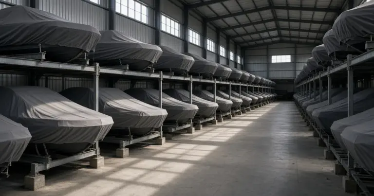 Rows of covered boats on racks in a dry-stack storage building