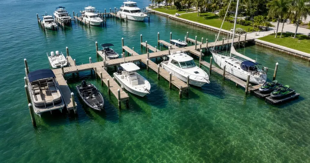 Aerial view of a Florida marina with pontoons, center consoles, cruisers and a sailboat in their slips