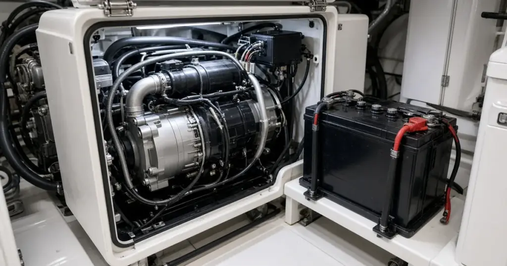 Marine generator in a yacht engine room with its starting battery mounted beside it