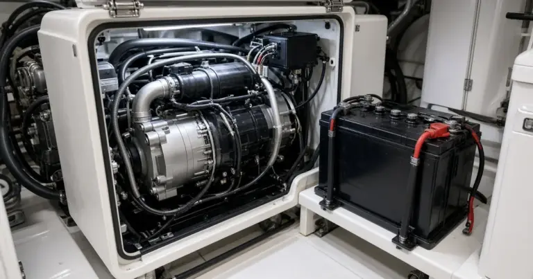 Marine generator in a yacht engine room with its starting battery mounted beside it