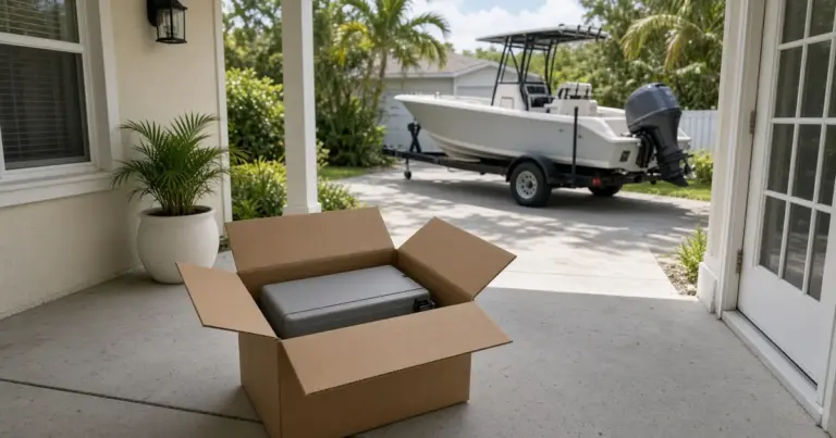 Opened shipping box with a battery inside on a porch, boat on a trailer in the driveway