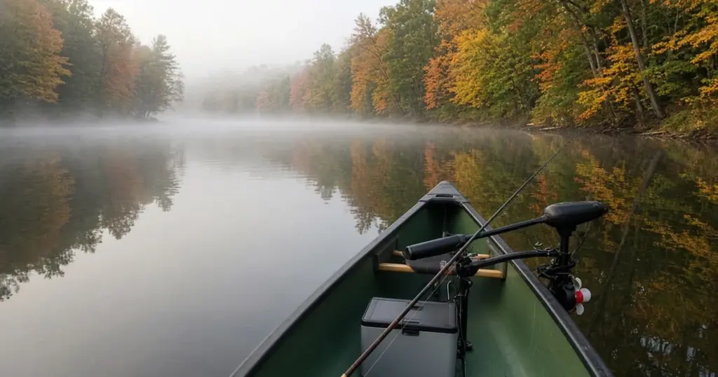 Green canoe with a trolling motor and battery box on a misty lake surrounded by autumn trees
