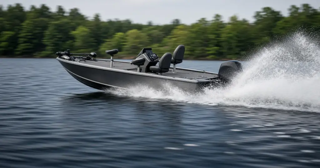 Bass boat with a bow trolling motor running fast across a lake lined with pine trees