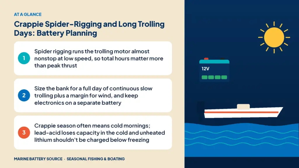 At-a-glance summary: Spider rigging runs the trolling motor almost nonstop at low speed, so total hours matter more than peak thrust; Size the bank for a full day of continuous slow trolling plus a margin for wind, and keep electronics on a separate battery; Crappie season often means cold mornings; lead-acid loses capacity in the cold and unheated lithium shouldn't be charged below freezing