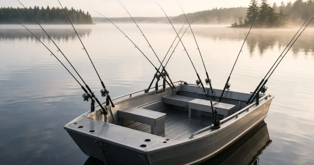 Aluminum boat with a spread of crappie rods on a calm lake at dawn