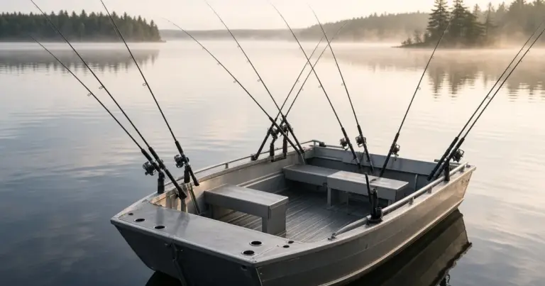Aluminum boat with a spread of crappie rods on a calm lake at dawn