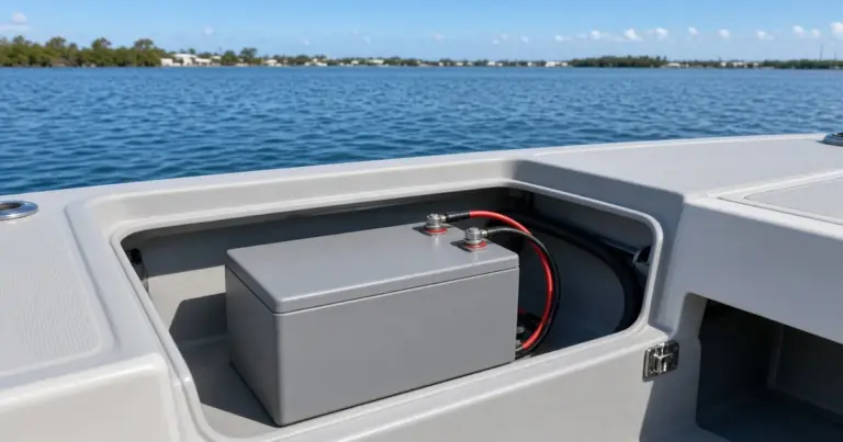Dual-purpose lithium battery wired in a center console compartment on bright blue water