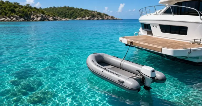 Inflatable tender with a small outboard tied behind a motor yacht in clear turquoise water