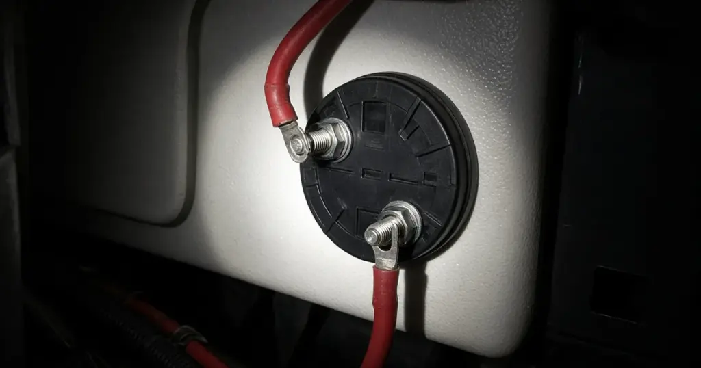 Rotary dual battery switch with red battery cables on a white boat bulkhead