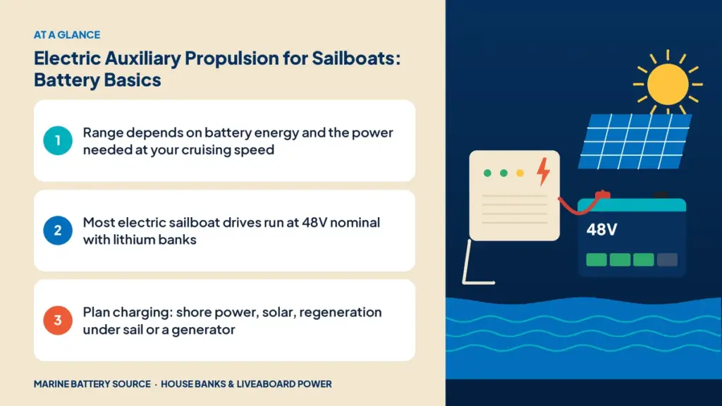 At-a-glance summary: Range depends on battery energy and the power needed at your cruising speed; Most electric sailboat drives run at 48V nominal with lithium banks; Plan charging: shore power, solar, regeneration under sail or a generator