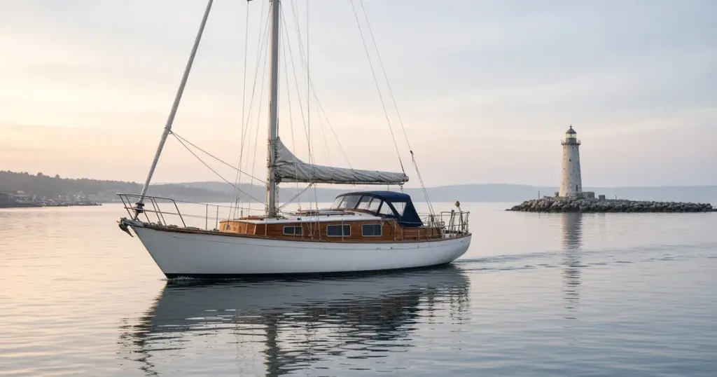 Classic sailboat motoring quietly across a calm harbor near a lighthouse