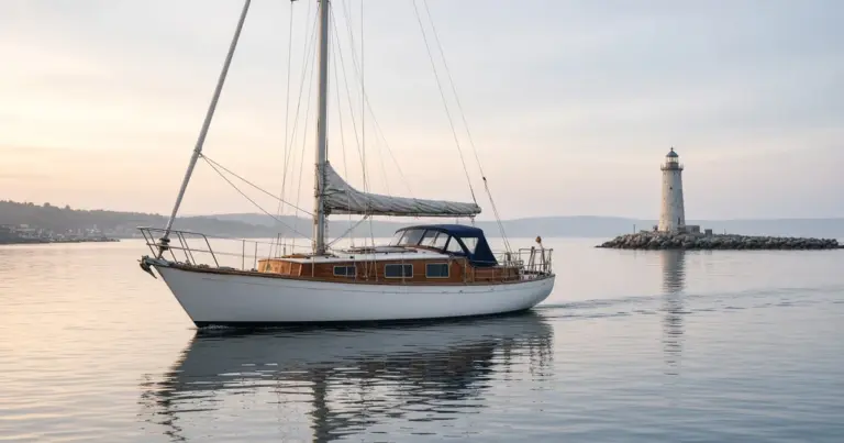 Classic sailboat motoring quietly across a calm harbor near a lighthouse